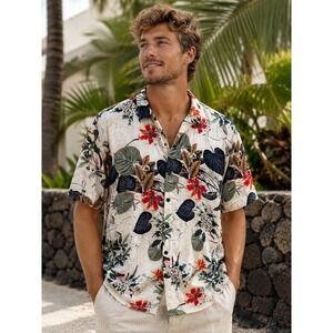 JOGAL Mens Tropical Floral Button Down Shirt Short Sleeve Cream Red Large